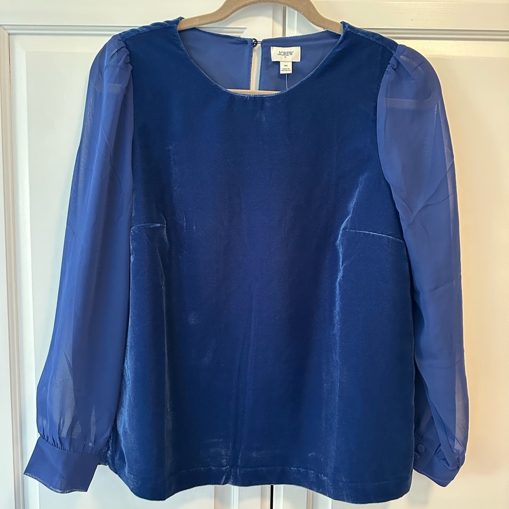 NWT! J. Crew Royal Blue Velvet Women's Blouse with Sheer Sleeves - Picture 3 of 8